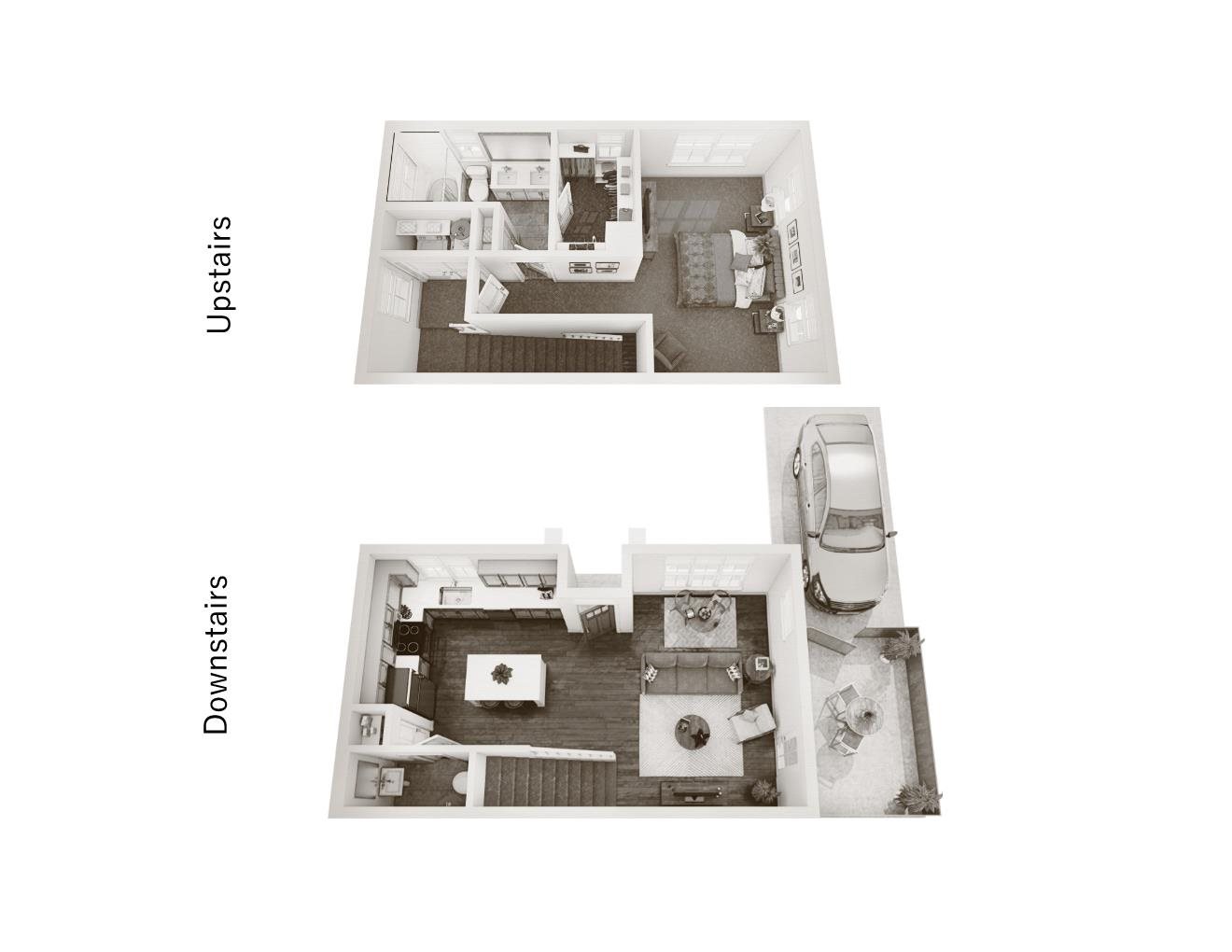 Two images of a house interior, one from the upstairs perspective and one from the downstairs perspective.